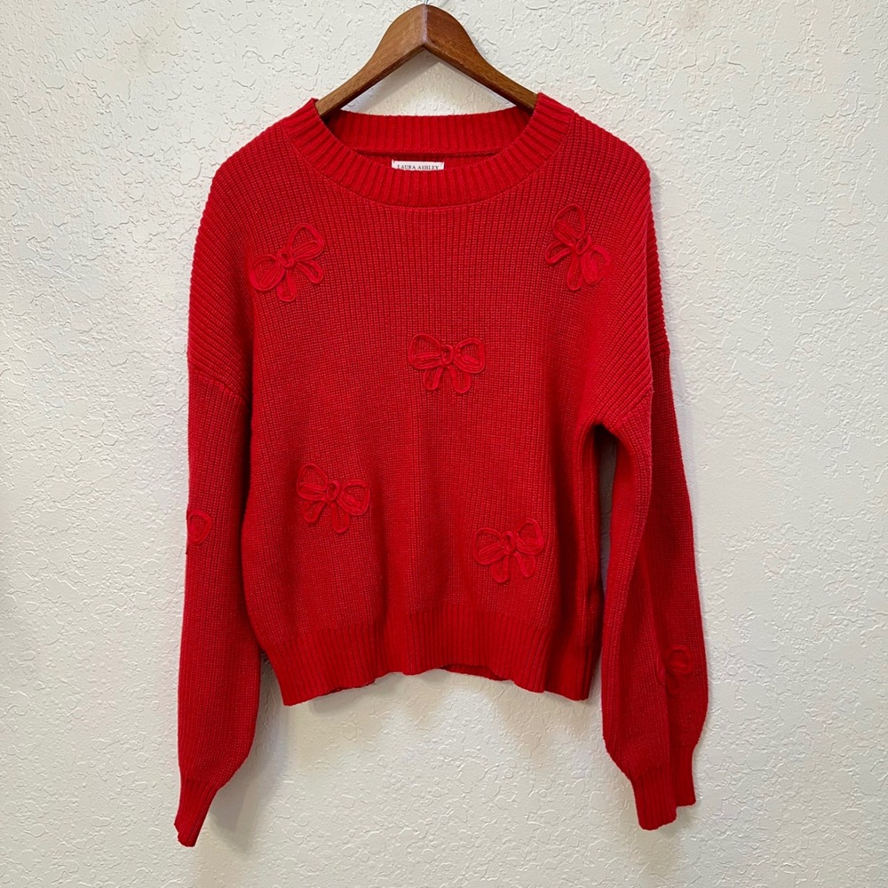 Laura Ashley Red Bow Applique Chunky Knit Sweater Womens XL Crew Neck Pullover